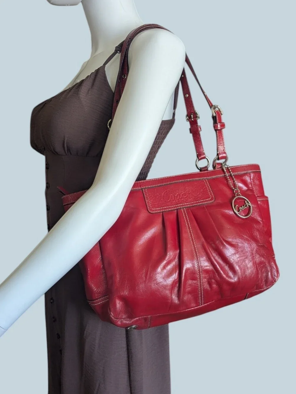 Coach Red Leather Shoulder Tote with Charm